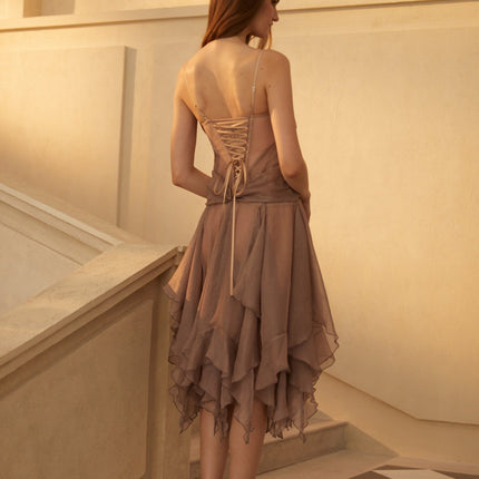 Blair Grey Midi Dress with Metallic Threading and Ruffled Detailing