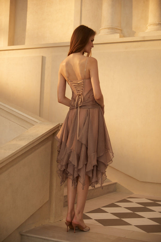 Blair Grey Midi Dress with Metallic Threading and Ruffled Detailing