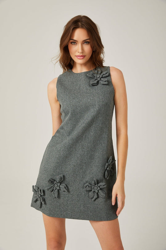 Blair Grey Sleeveless Mini Dress with Faux-Flower Design and Rear Zip Fastening