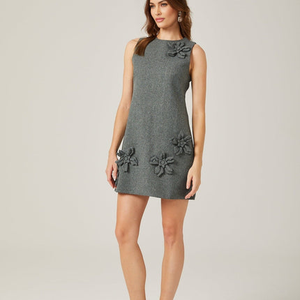 Blair Grey Mini Dress Sleeveless Round Neck Faux-Flower Design Straight Hem Rear Zip Fastening Polyester Cotton Blend Thigh-Length Women's Dress