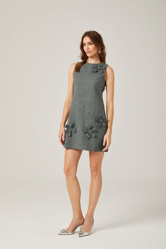 Blair Grey Mini Dress Sleeveless Round Neck Faux-Flower Design Straight Hem Rear Zip Fastening Polyester Cotton Blend Thigh-Length Women's Dress
