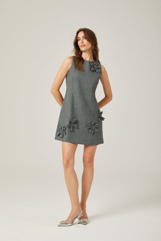 Blair Grey Sleeveless Mini Dress with Faux-Flower Design and Rear Zip Fastening