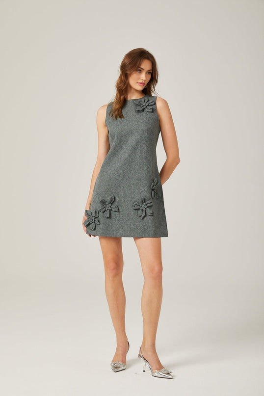 Blair Grey Sleeveless Mini Dress with Faux-Flower Design and Rear Zip Fastening