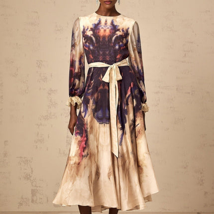 Blair Midi Dress in Neutrals Smudged Graffiti Print Silk Puff Sleeves Pleated Detailing Self-Tie Design