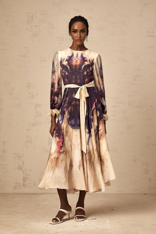 Blair Midi Dress in Neutrals Smudged Graffiti Print Silk Puff Sleeves Pleated Detailing Self-Tie Design