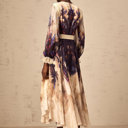Blair Midi Dress in Neutrals Smudged Graffiti Print Silk with Puff Sleeves and Pleated Detailing