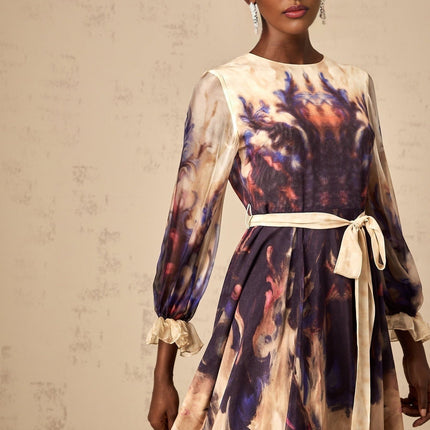 Blair Midi Dress in Neutrals Smudged Graffiti Print Silk with Puff Sleeves and Pleated Detailing