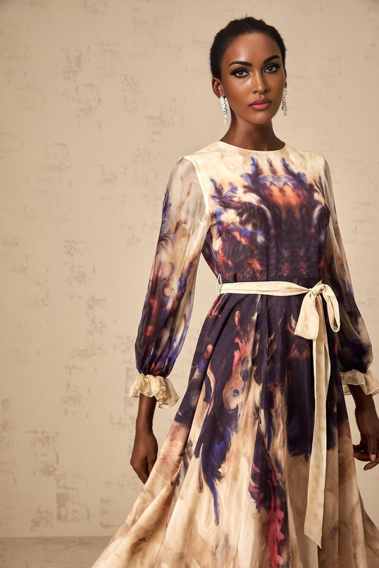 Blair Midi Dress in Neutrals Smudged Graffiti Print Silk with Puff Sleeves and Pleated Detailing