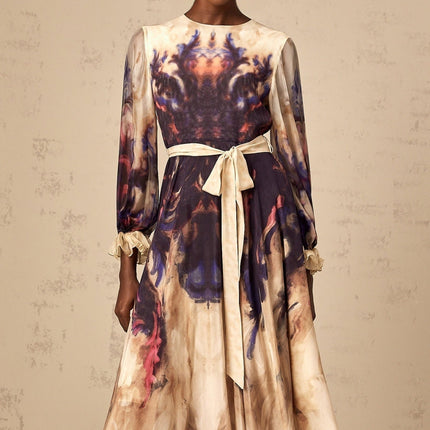 Blair Midi Dress in Neutrals Smudged Graffiti Print 100% Silk Round Neck Long Puff Sleeves Ruffled Cuffs Pleated Detailing Self-Tie Design Rear Zip Fastening