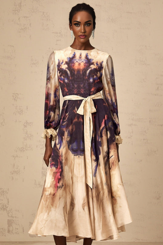 Blair Midi Dress in Neutrals Smudged Graffiti Print 100% Silk Round Neck Long Puff Sleeves Ruffled Cuffs Pleated Detailing Self-Tie Design Rear Zip Fastening