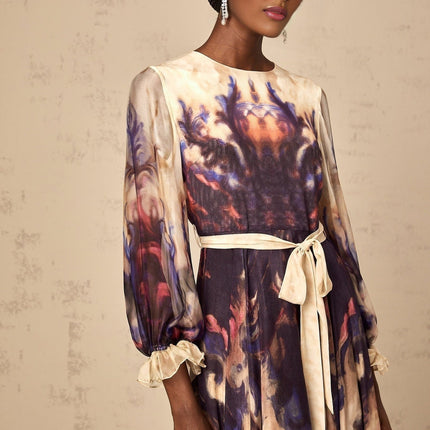 Blair Midi Dress in Neutrals Smudged Graffiti Print 100% Silk Long Puff Sleeves Pleated Detailing Self-Tie Design Rear Zip Fastening