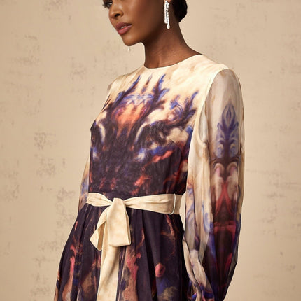 Blair Midi Dress in Neutrals Smudged Graffiti Print 100% Silk Long Puff Sleeves Pleated Detailing Self-Tie Design Rear Zip Fastening