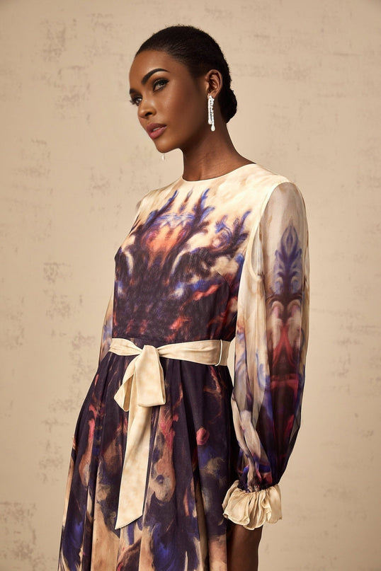 Blair Midi Dress in Neutrals Smudged Graffiti Print 100% Silk Long Puff Sleeves Pleated Detailing Self-Tie Design Rear Zip Fastening