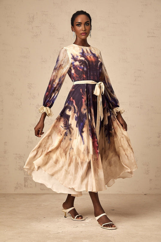 Blair Midi Dress in Neutrals Smudged Graffiti Print Silk with Puff Sleeves and Pleated Detailing