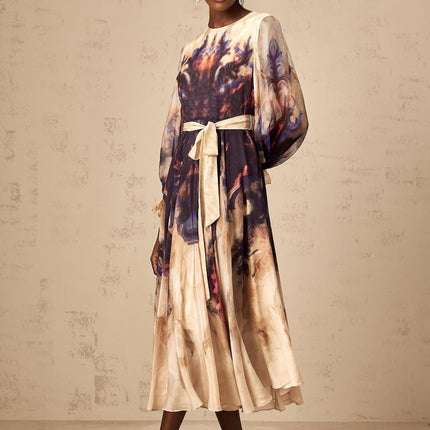Blair Midi Dress in Smudged Graffiti Print Neutrals Silk Puff Sleeves Pleated Detailing Self-Tie Design