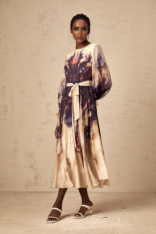 Blair Midi Dress in Smudged Graffiti Print Neutrals Silk Puff Sleeves Pleated Detailing Self-Tie Design