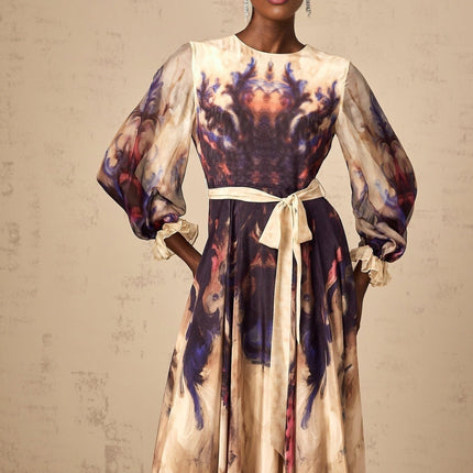 Blair Midi Dress in Smudged Graffiti Print Neutrals Silk Puff Sleeves Pleated Detailing Self-Tie Design Rear Zip Fastening