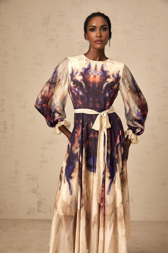 Blair Midi Dress in Smudged Graffiti Print Neutrals Silk Puff Sleeves Pleated Detailing Self-Tie Design Rear Zip Fastening