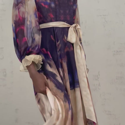 Blair Midi Dress in Smudged Graffiti Print Neutrals Silk Puff Sleeves Pleated Detailing Self-Tie Design Rear Zip Fastening