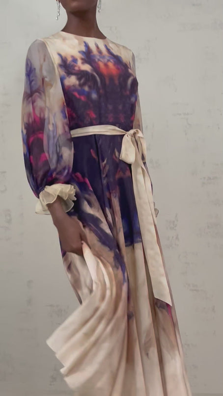 Blair Midi Dress in Smudged Graffiti Print Neutrals Silk Puff Sleeves Pleated Detailing Self-Tie Design Rear Zip Fastening