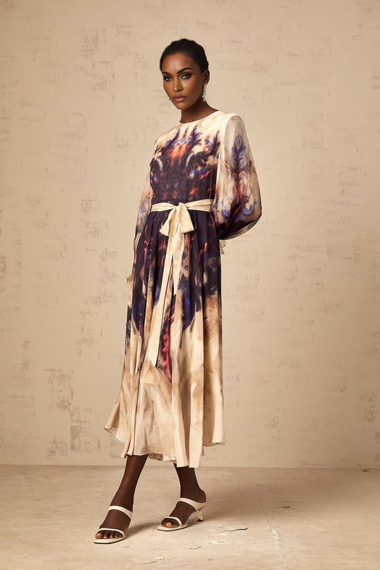 Blair Midi Dress in Smudged Graffiti Print Neutrals Silk Puff Sleeves Pleated Detailing Self-Tie Design Rear Zip Fastening