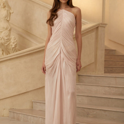 Blair Pink Maxi Dress with Ruched Detailing and Front Slit