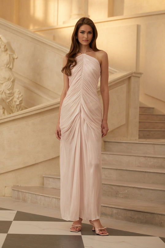 Blair Pink Maxi Dress with Ruched Detailing and Front Slit