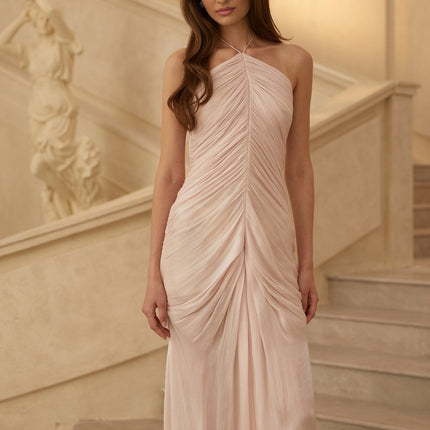 Blair Pink Maxi Dress Halterneck Ruched Detailing Front Slit Sleeveless Luxurious Terylene Fiber Composition Fashion-Forward Woman Maxi Length Silhouette Timeless Glamour 1.78m Model Size S