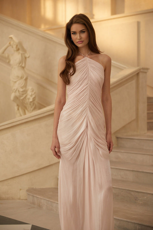 Blair Pink Maxi Dress Halterneck Ruched Detailing Front Slit Sleeveless Luxurious Terylene Fiber Composition Fashion-Forward Woman Maxi Length Silhouette Timeless Glamour 1.78m Model Size S
