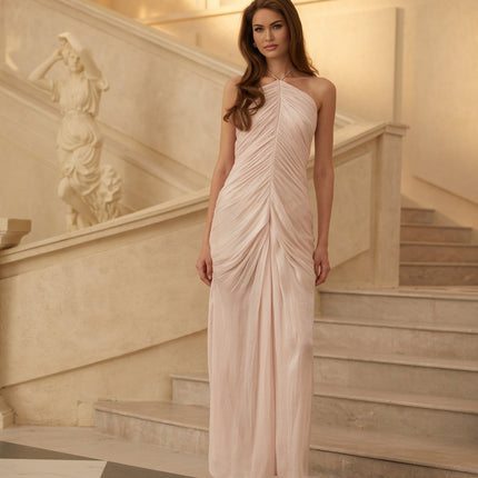 Blair Pink Maxi Dress Halterneck Ruched Front Slit Sleeveless 100% Terylene Fiber Composition Size S Model 1.78m