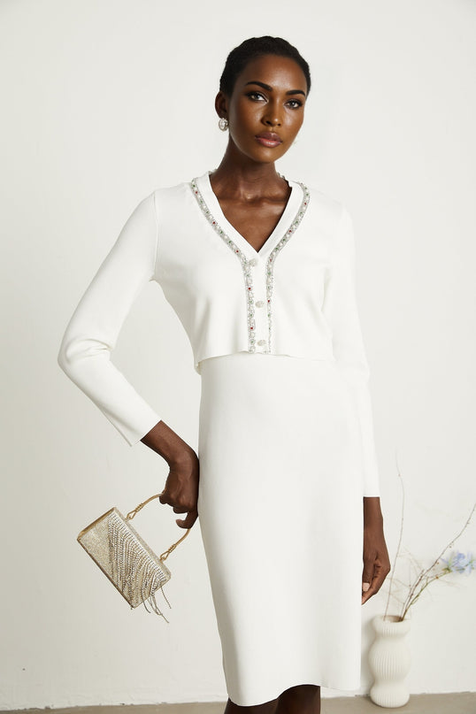 Blanche white beadembellished cardigan  dress matching set
