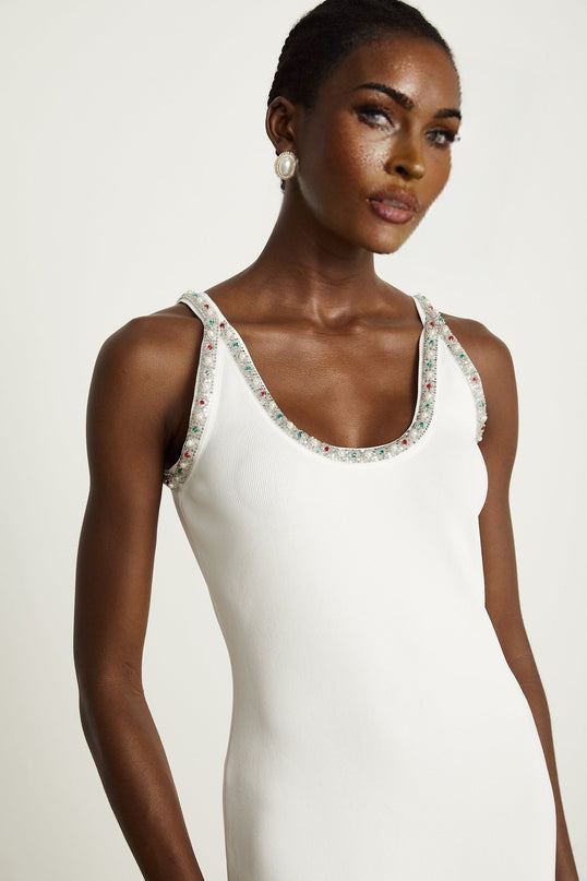 Blanche white beadembellished cardigan  dress matching set