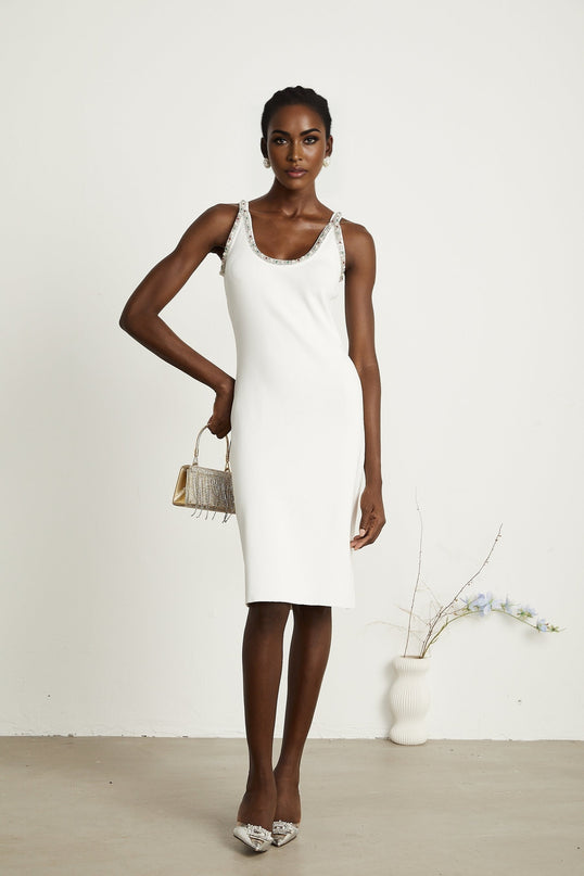 Blanche white beadembellished cardigan  dress matching set