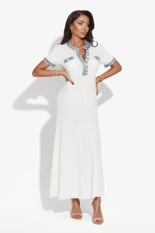 Blue accent white maxi dress with ribbed texture and pockets