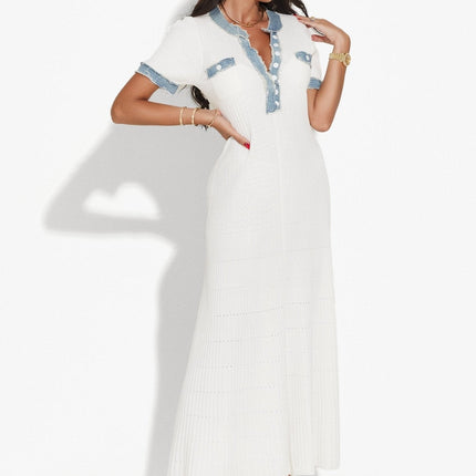 Blue accents maxi length A-line dress with ribbed texture and pockets in white color