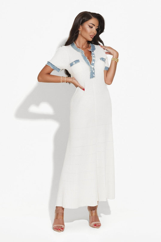 Blue accents maxi length A-line dress with ribbed texture and pockets in white color