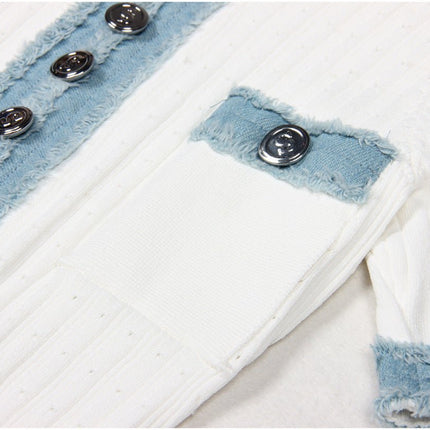 Blue accents maxi length A-line silhouette ribbed texture white form-fitting flattering silhouette button-down front collar spring summer soft stretchy knit fabric contrast stitching buttons casual outings brunch events chic timeless modern look