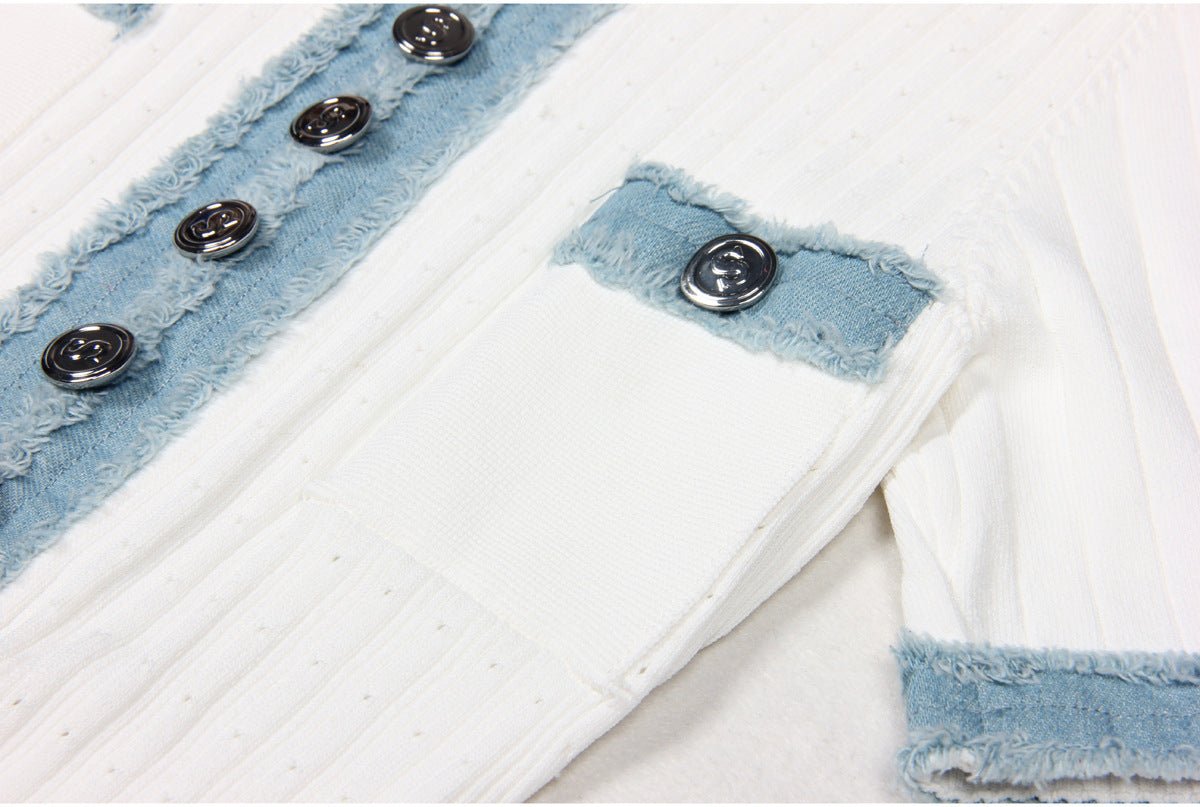 Blue accents maxi length A-line silhouette ribbed texture white form-fitting flattering silhouette button-down front collar spring summer soft stretchy knit fabric contrast stitching buttons casual outings brunch events chic timeless modern look