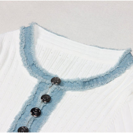 Blue accents maxi length ribbed texture dress with pockets in white
