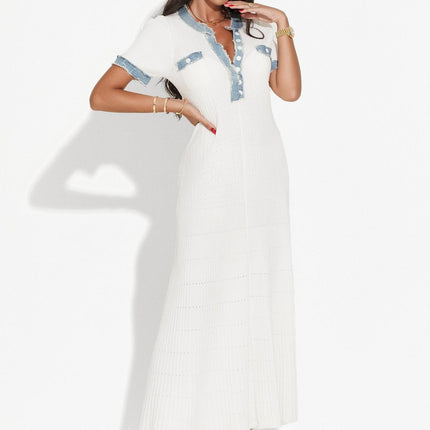 Blue Accents White Maxi Dress with Ribbed Texture and Pockets