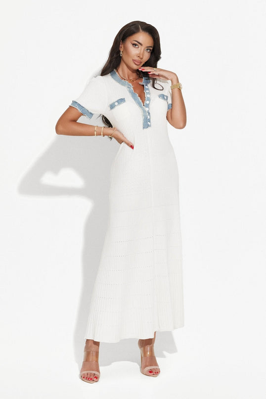 Blue Accents White Maxi Dress with Ribbed Texture and Pockets
