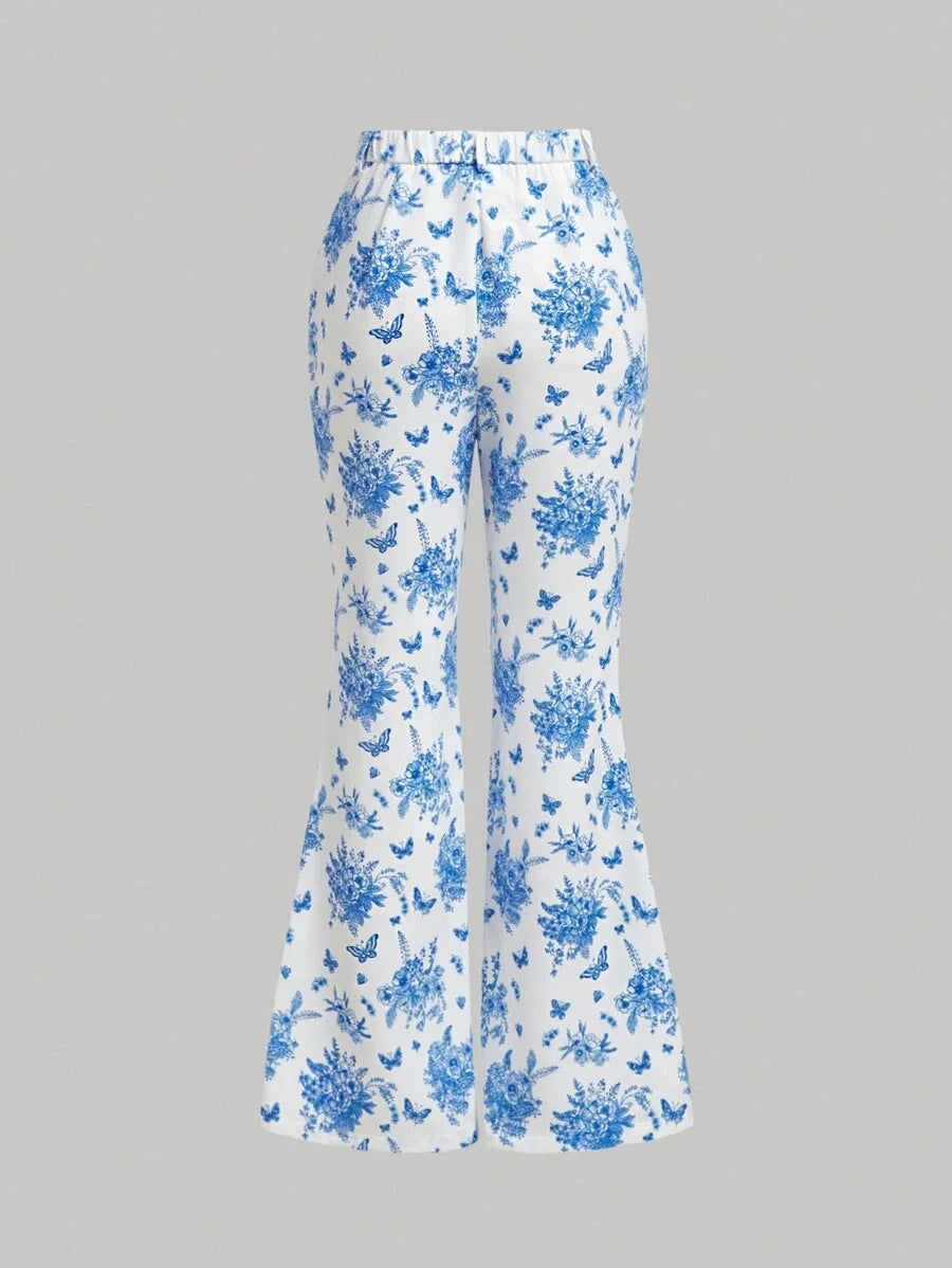 Blue amp White Floral Printed HighWaist Flared Pants With Knee Slits For Women