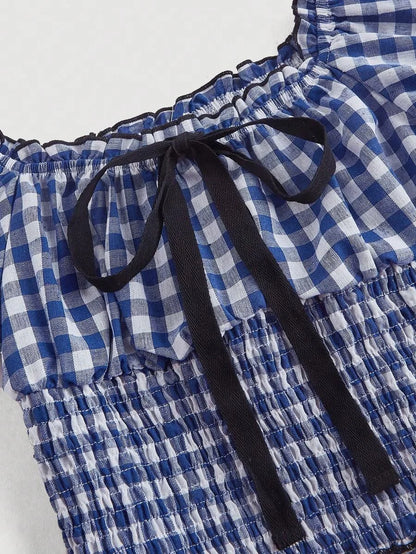 Blue amp White Plaid Corset Tube Top Off Shoulder Blouse For WomenPuff Sleeves One Shoulder Center