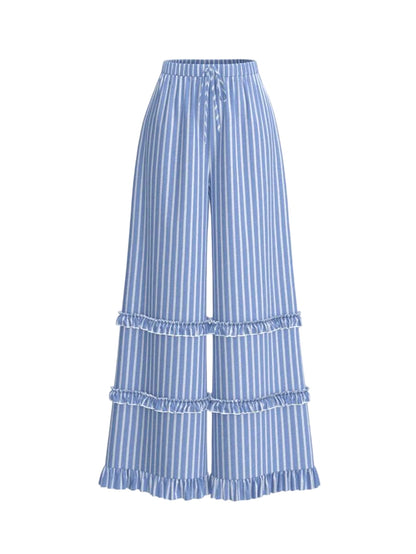Blue amp White Wide Stripe Ruffle Hem Wide Leg Pants Minimalist amp Fashionable For SummerFlowy