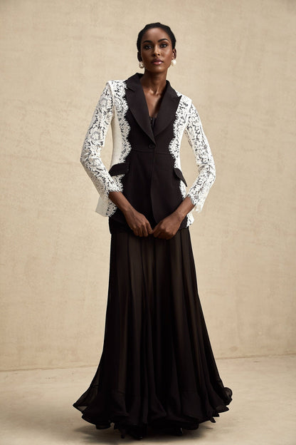 Blue and white color block blazer with lace trim detailing Sandrine design womens formal jacket