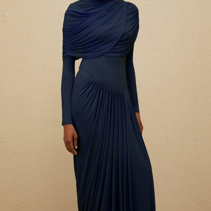 Blue asymmetrical draped mesh shawl dress with pleated detailing