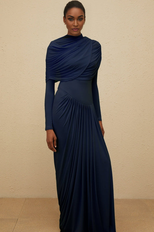 Blue asymmetrical draped mesh shawl dress with pleated detailing