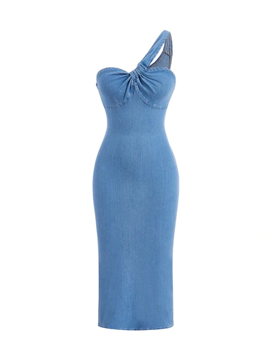 Blue Asymmetrical One Shoulder Twist Front Denim Dress