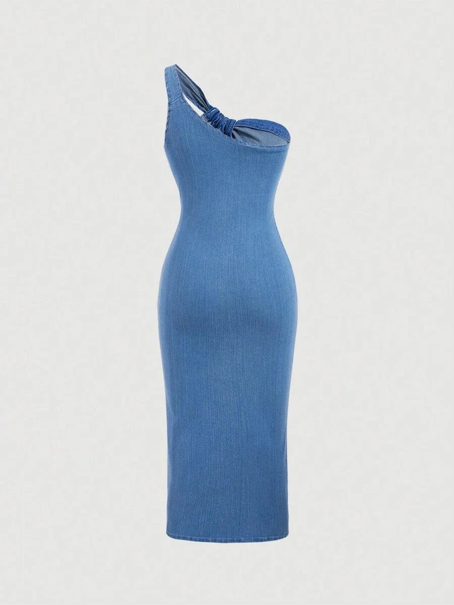 Blue Asymmetrical One Shoulder Twist Front Denim Dress