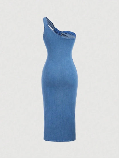 Blue Asymmetrical One Shoulder Twist Front Denim Dress
